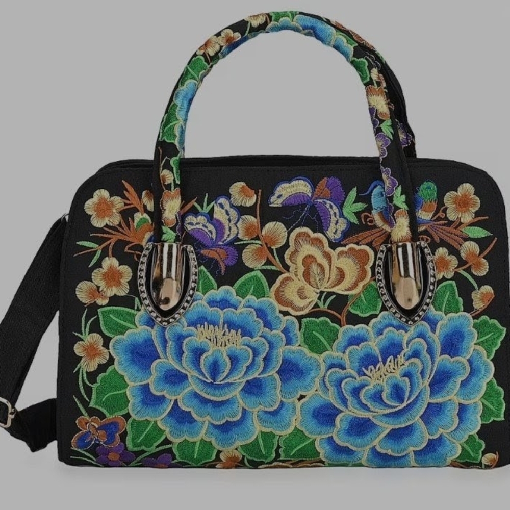 Blue Flower Embroidered Floral Pattern Handbag   W/Detachable Shoulder Strap
